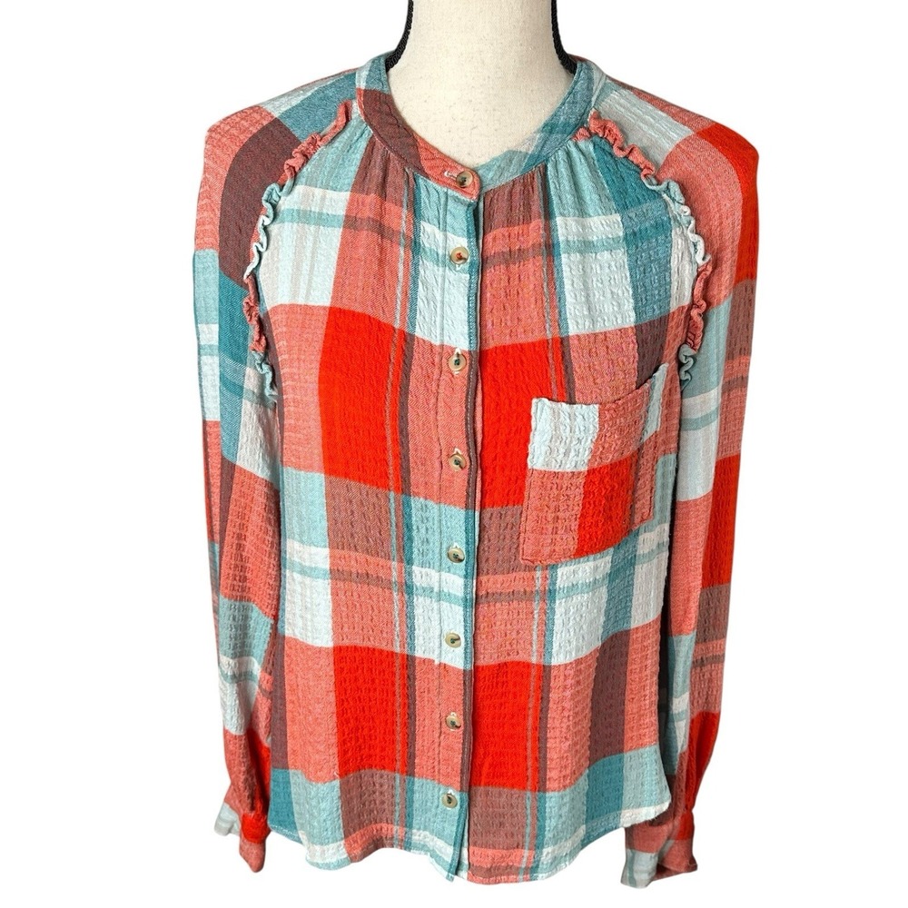 Pilcro Breezy button down long sleeve plaid top Women's Size XS